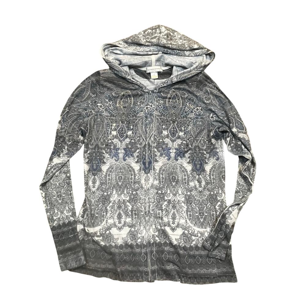 Christopher Banks Women Medium Paisley Rhinestone Zip‎ Up Hoodie Lightweight Y2K